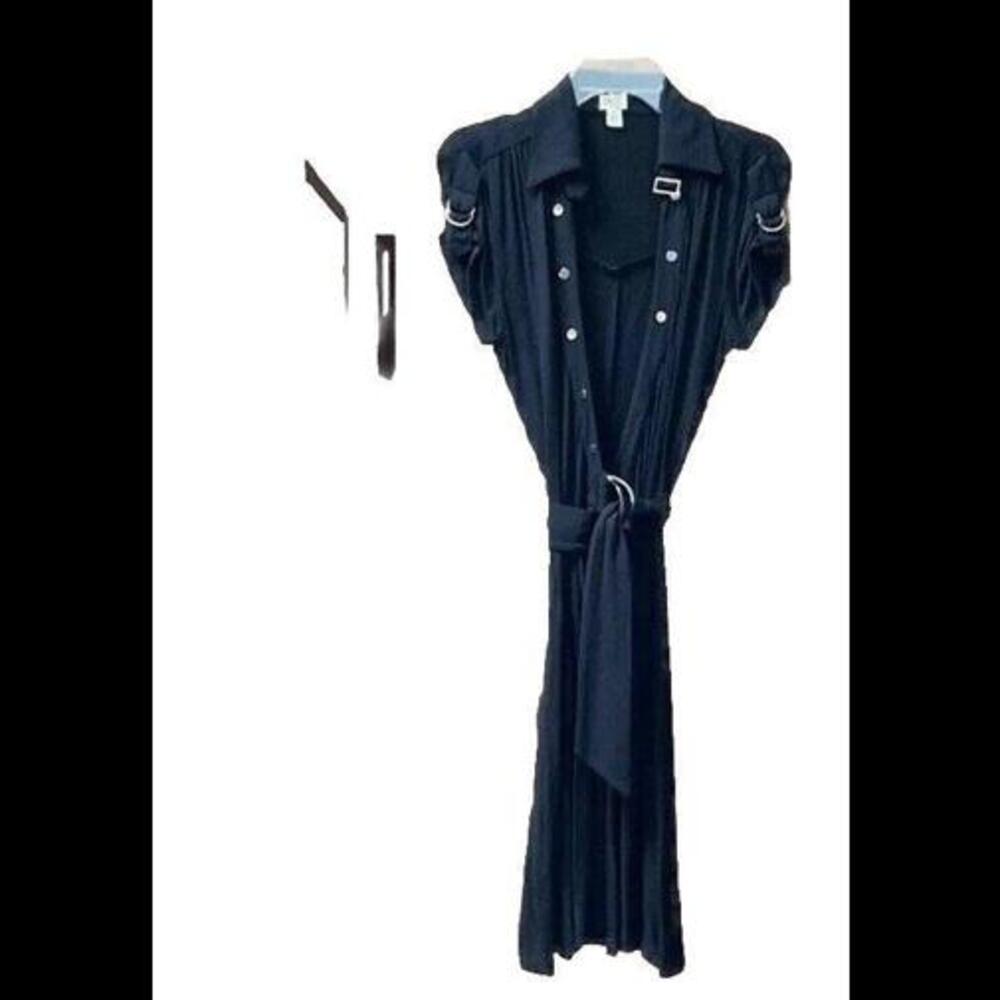 👗⚫️Cache Black Jersey Collared  Short Sleeve Belted W/Cinch Midi Dress M
